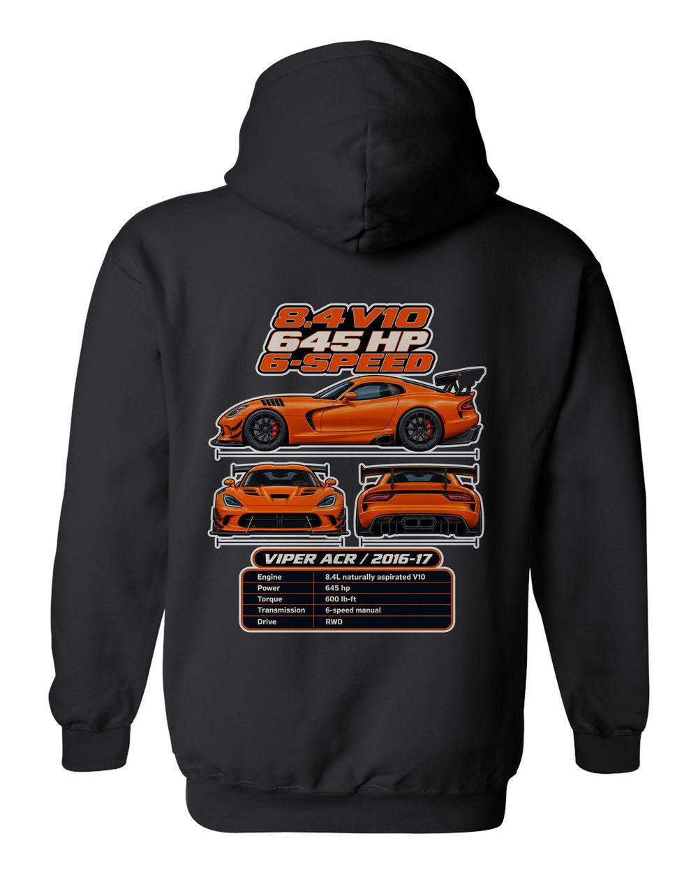 Dodge Viper Acr spec sheet black pull over hoodie back view with the design