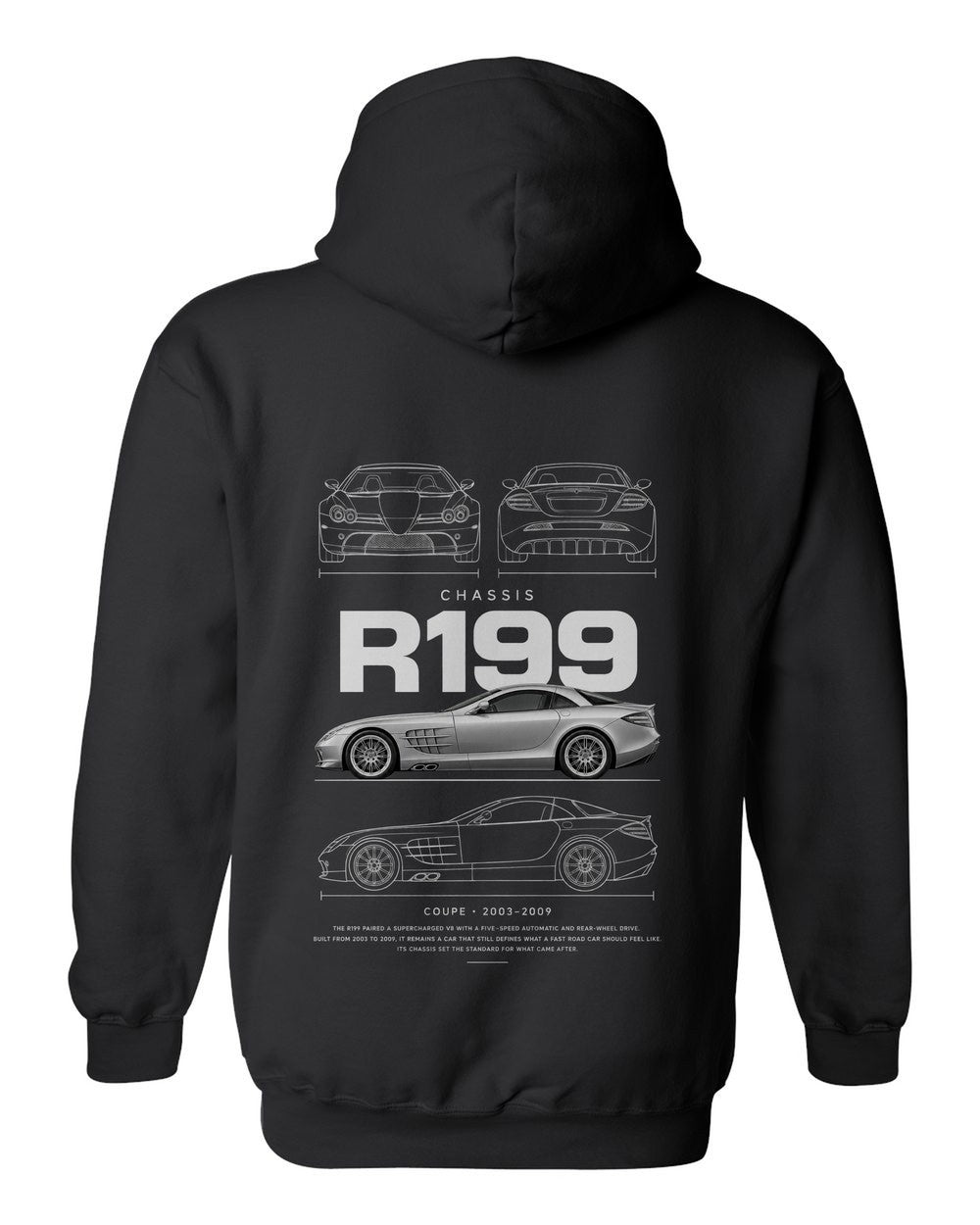 R199 full-back artwork black pull over hoodie back view with the design