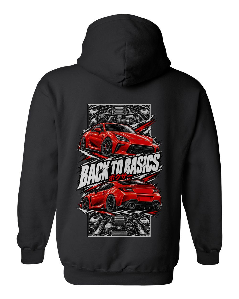 Toyota Gr86 torn poster black pull over hoodie back view with the design
