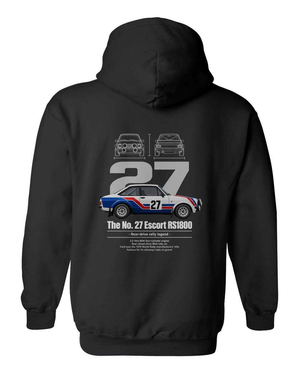 No. 27 Escort RS1800 black pull over hoodie back view with the design