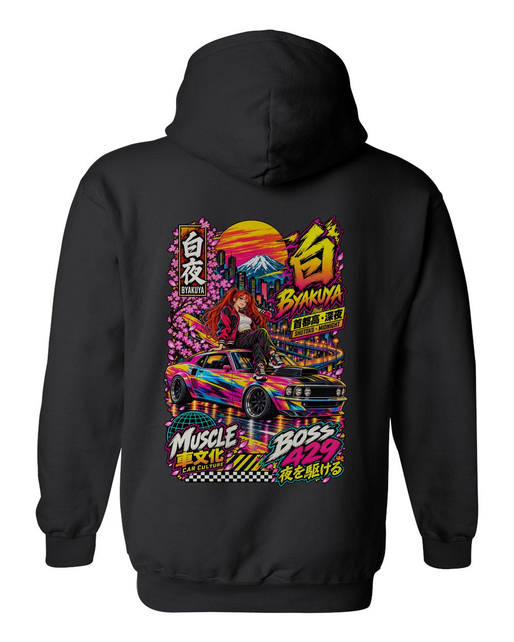 BYAKUYA BOSS 429 full-back artwork black pull over hoodie back view with the design