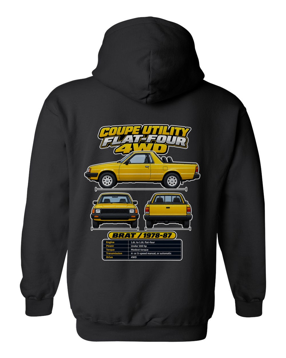 Subaru Brat spec sheet black pull over hoodie back view with the design
