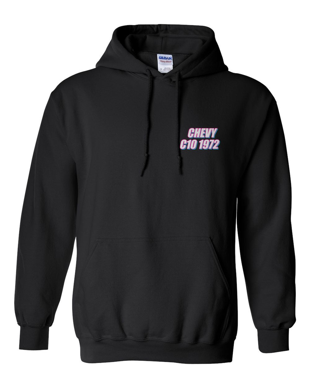 black pull over hoodie front view with car name on pocket