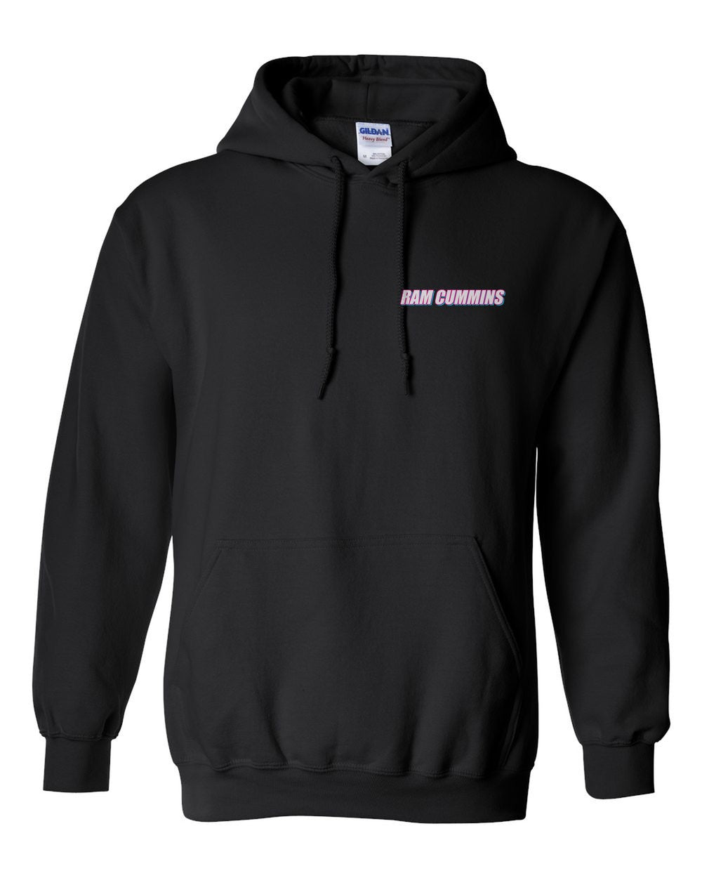 black pull over hoodie front view with car name on pocket