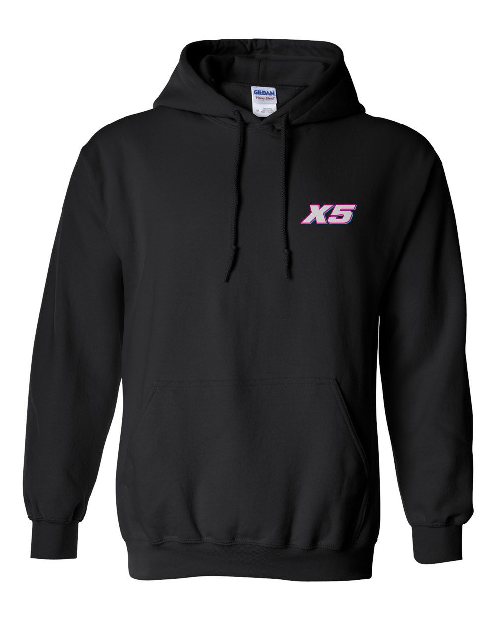 black pull over hoodie front view with car name on pocket