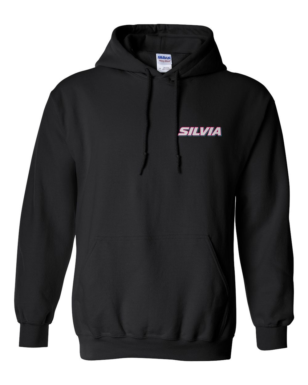 black pull over hoodie front view with car name on pocket