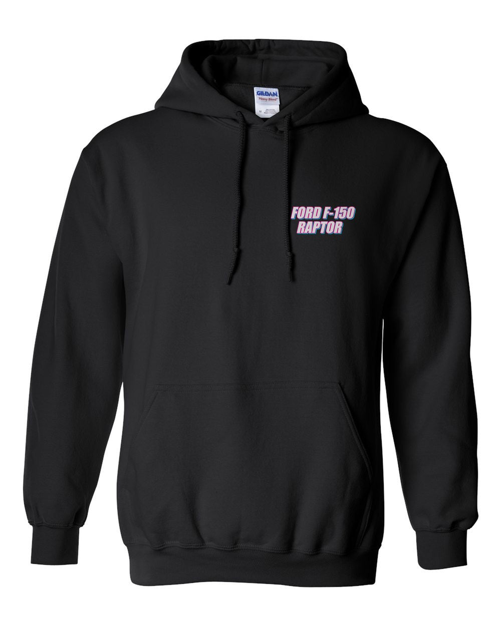 black pull over hoodie front view with car name on pocket
