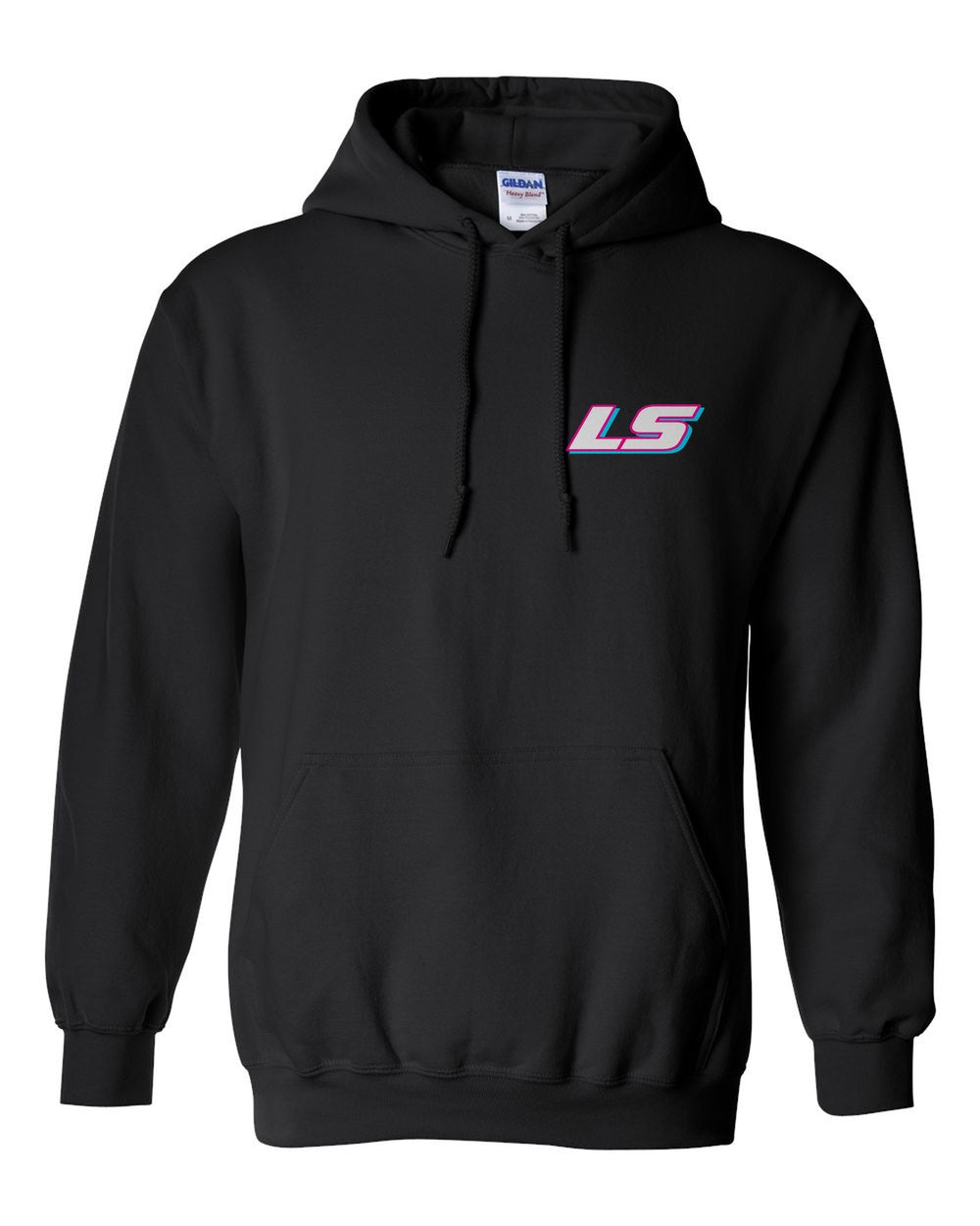black pull over hoodie front view with car name on pocket