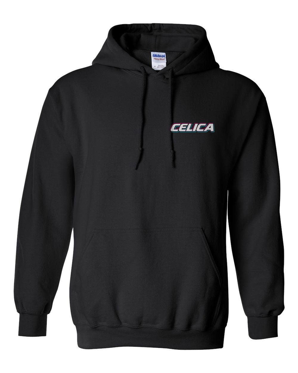 black pull over hoodie front view with car name on pocket