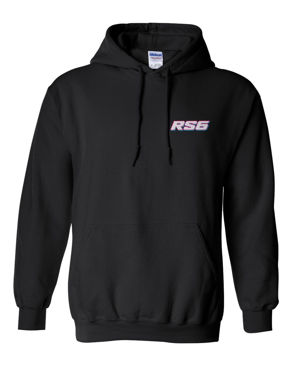 black pull over hoodie front view with car name on pocket