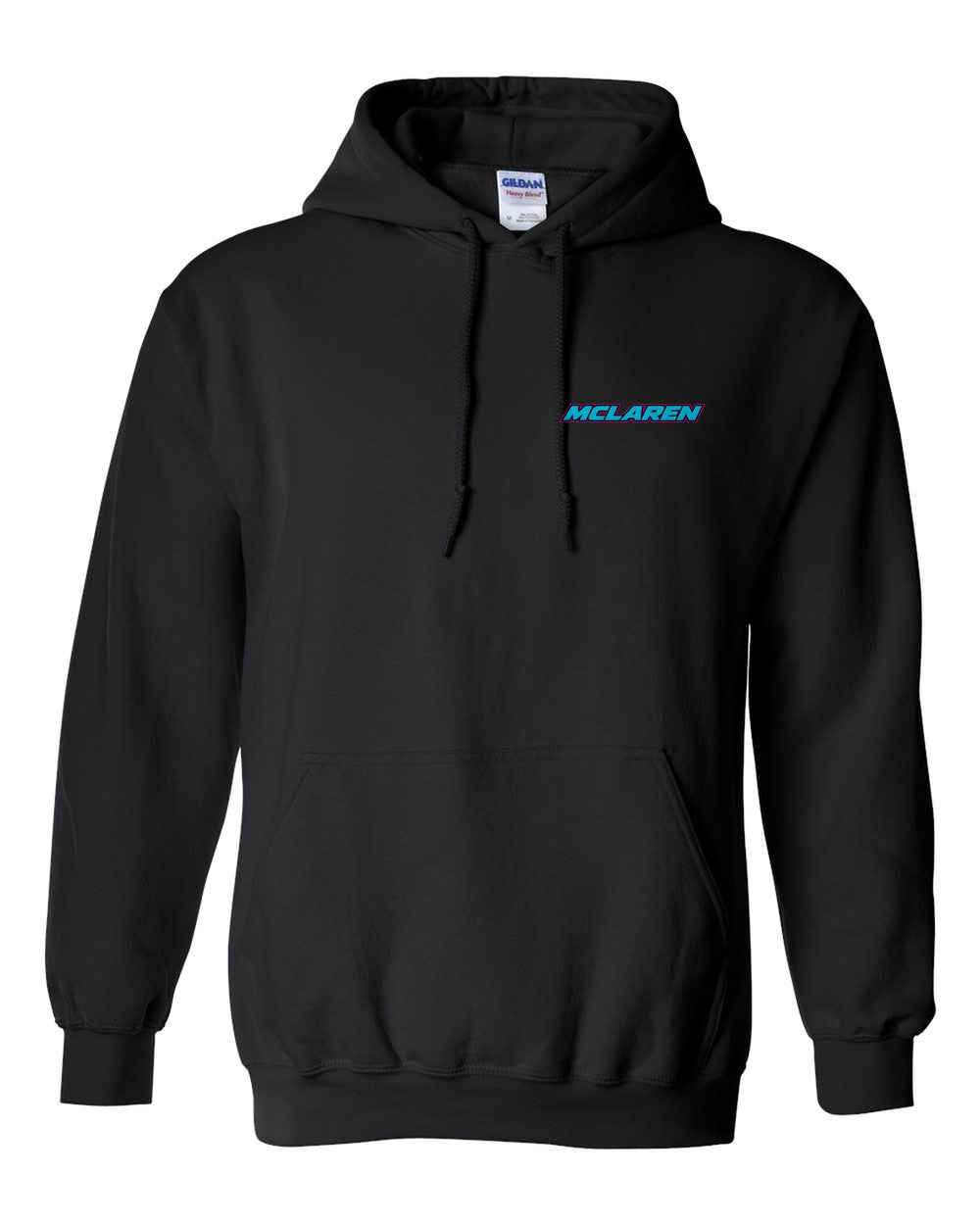 black pull over hoodie front view with car name on pocket