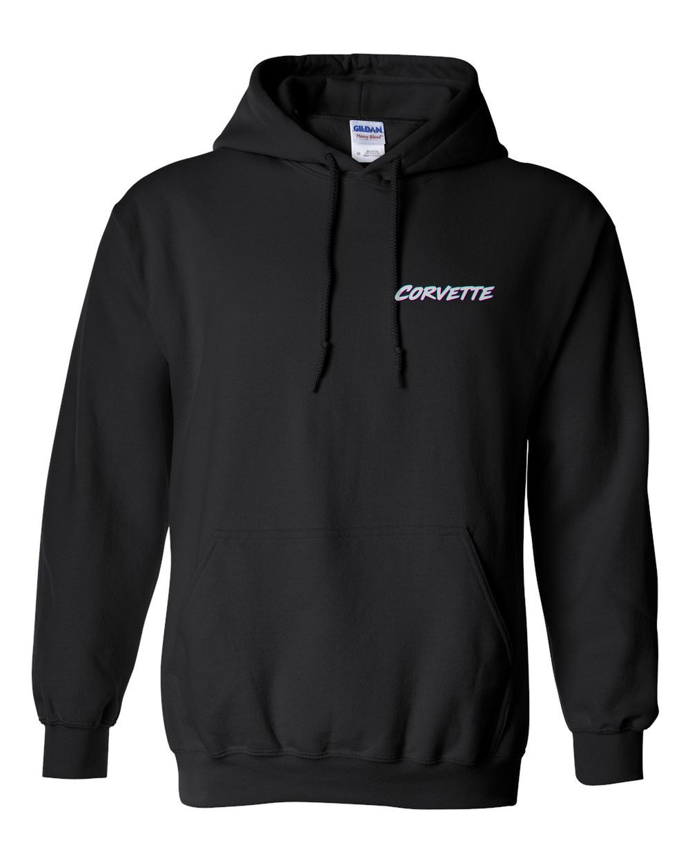 black pull over hoodie front view with car name on pocket