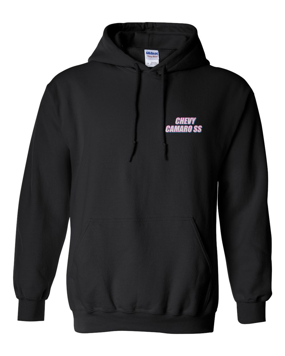 black pull over hoodie front view with car name on pocket
