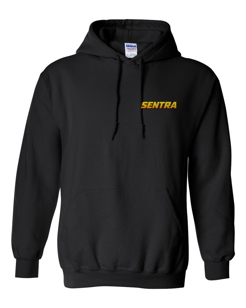 black pull over hoodie front view with car name on pocket