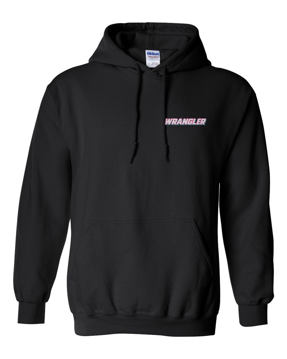 black pull over hoodie front view with car name on pocket