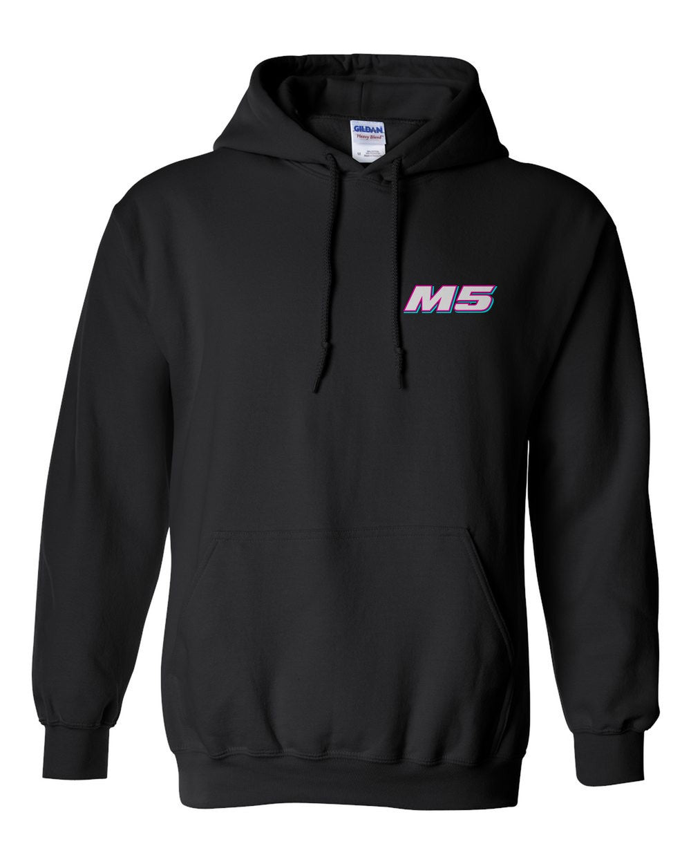 black pull over hoodie front view with car name on pocket