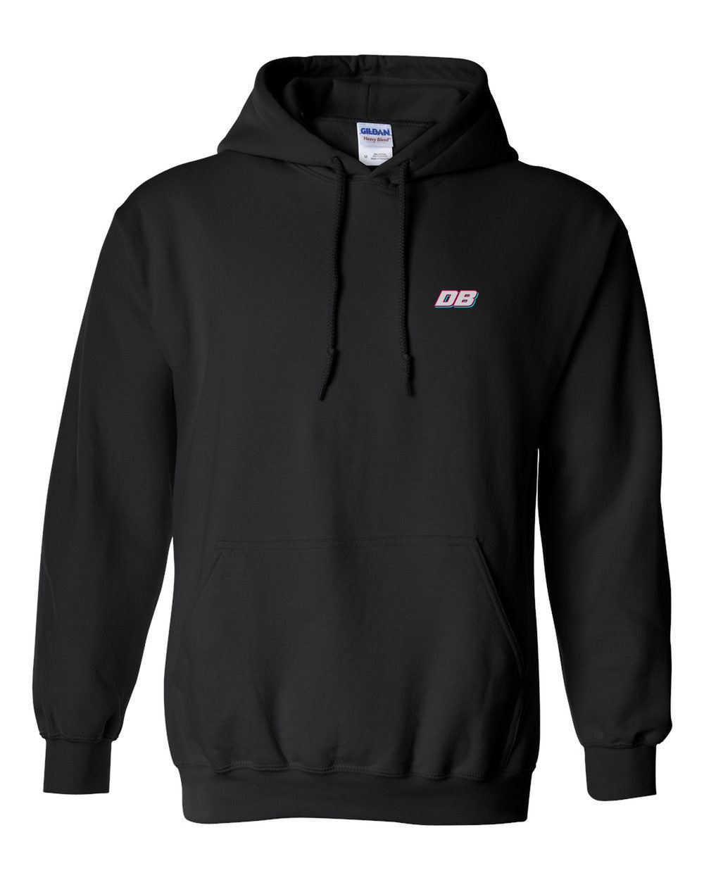 black pull over hoodie front view with car name on pocket