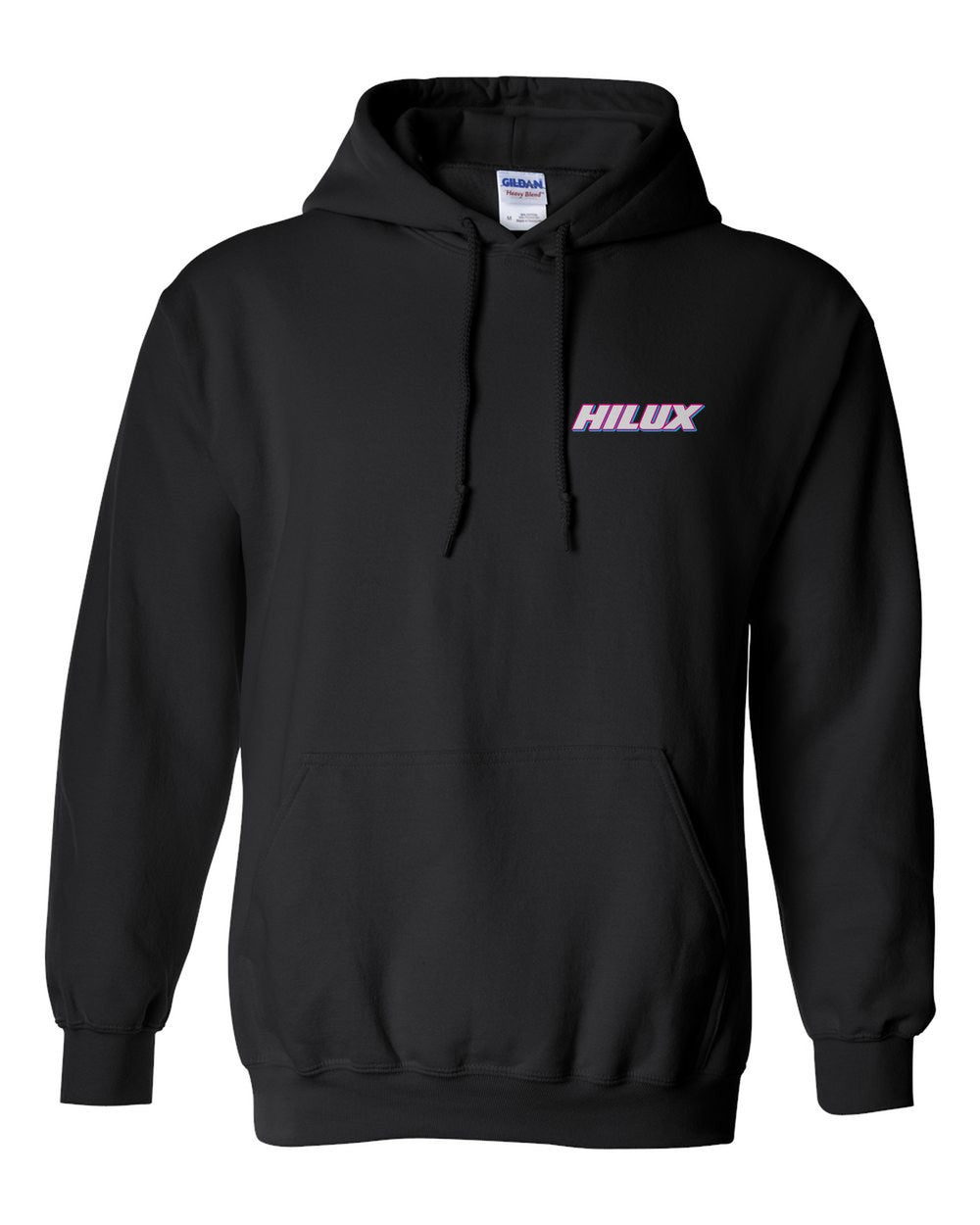 black pull over hoodie front view with car name on pocket