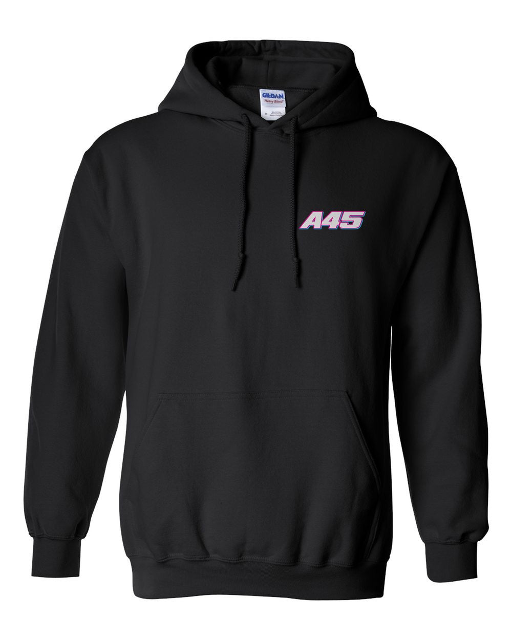 black pull over hoodie front view with car name on pocket