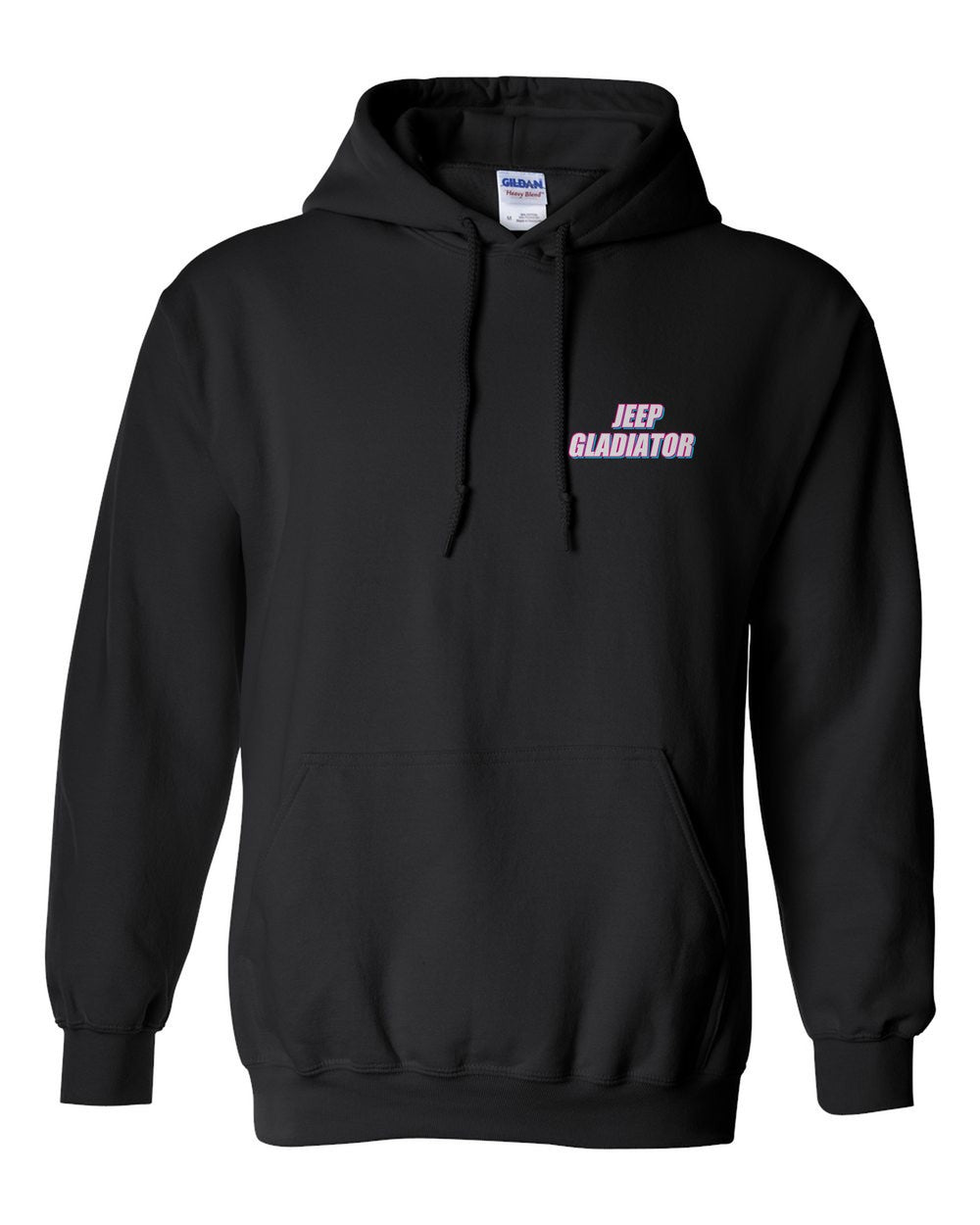black pull over hoodie front view with car name on pocket