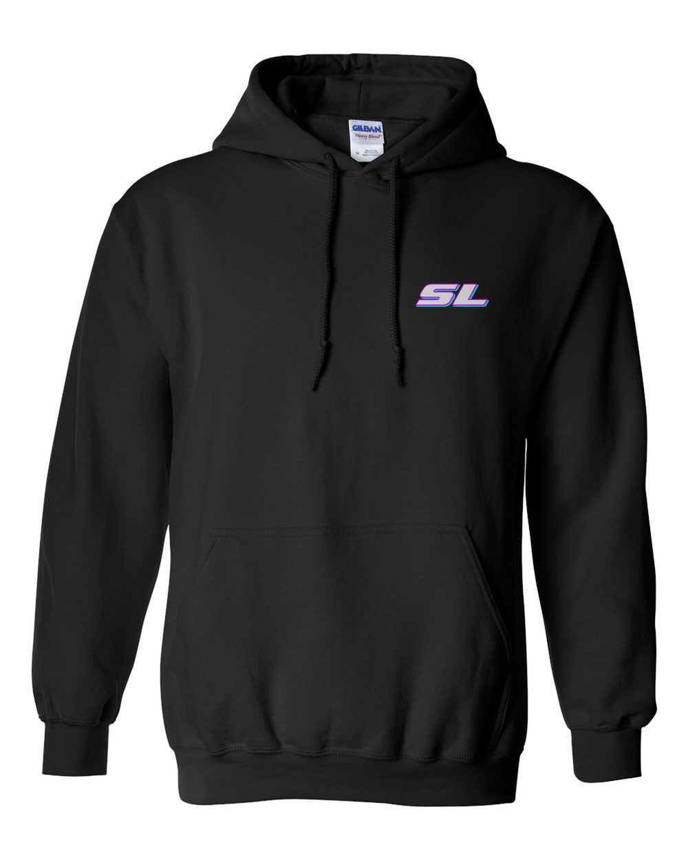 black pull over hoodie front view with car name on pocket
