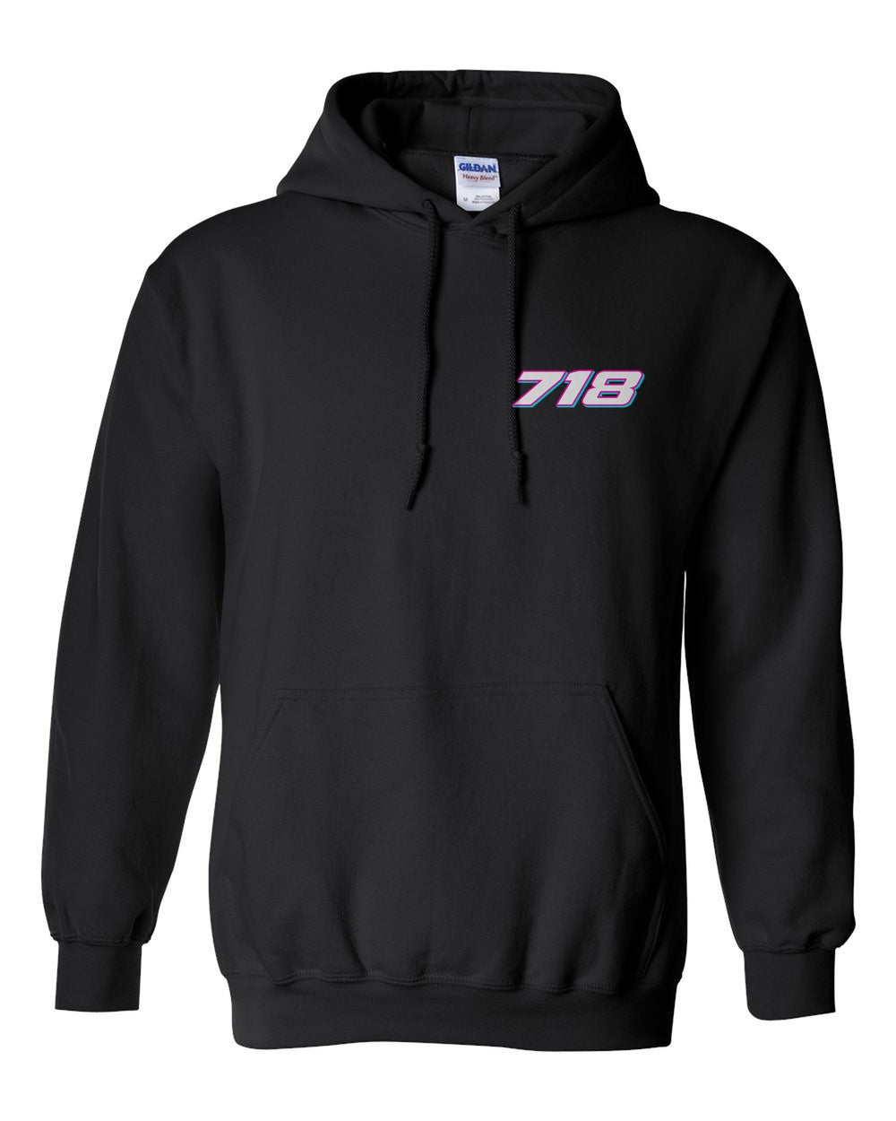 black pull over hoodie front view with car name on pocket