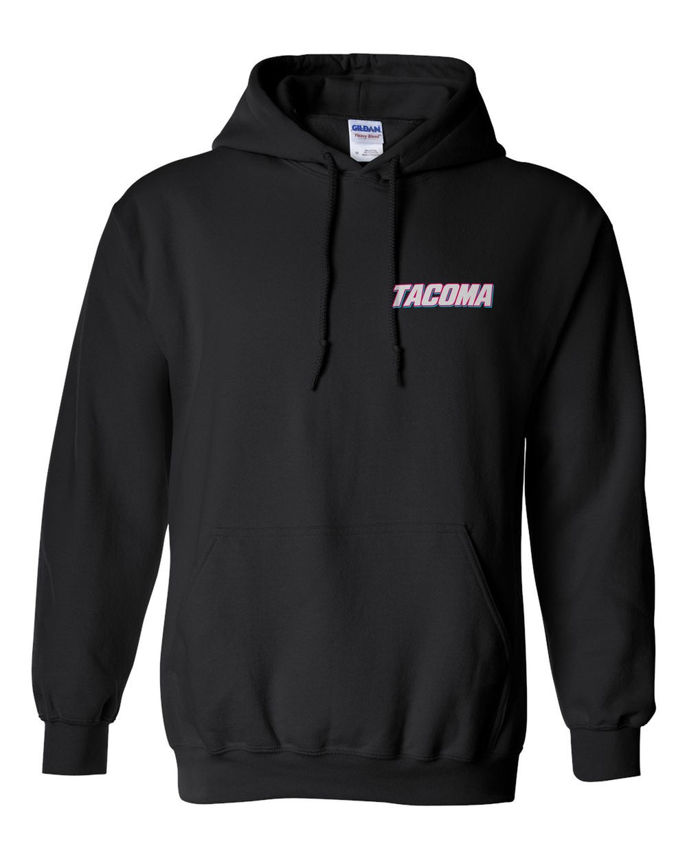 black pull over hoodie front view with car name on pocket