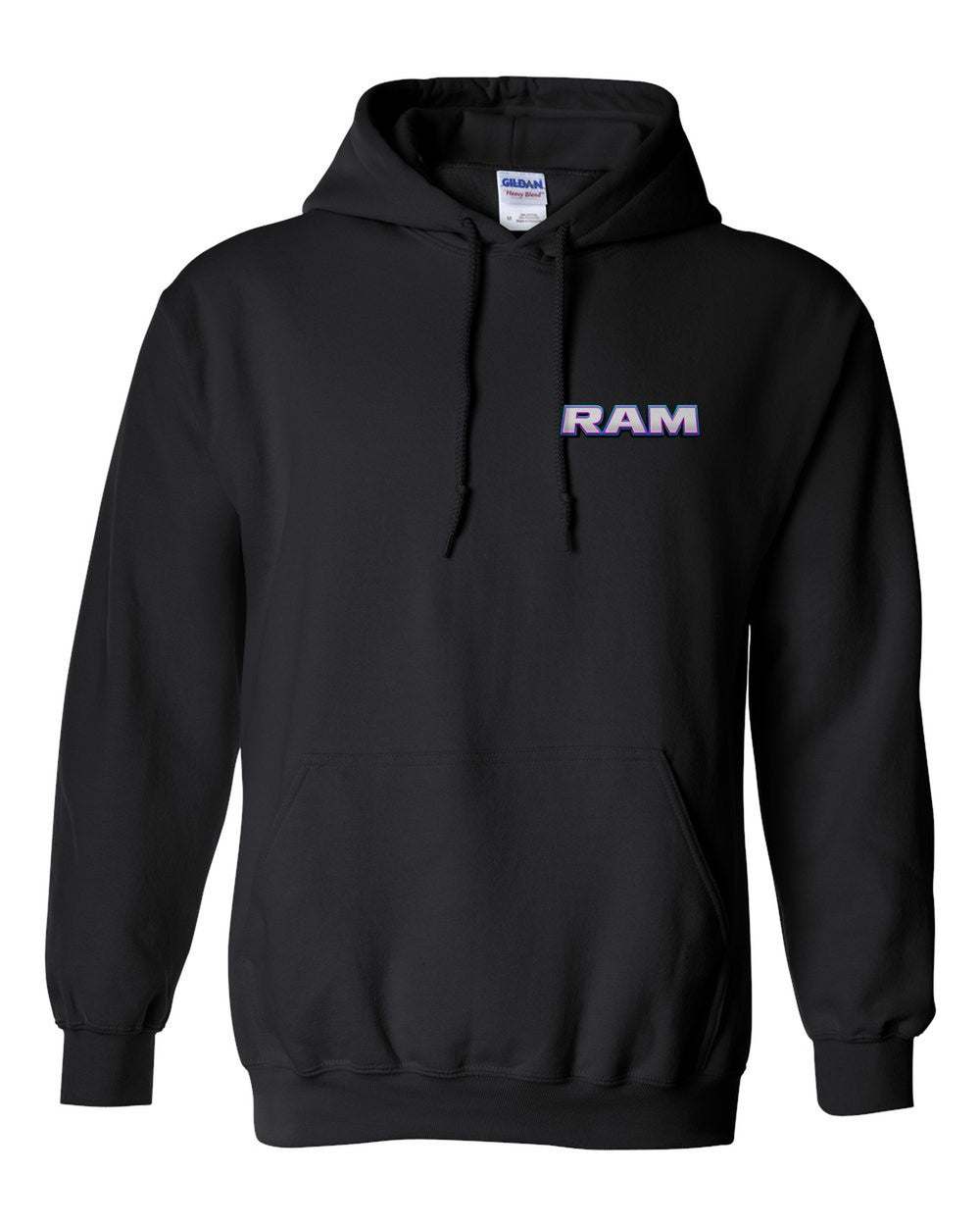 black pull over hoodie front view with car name on pocket