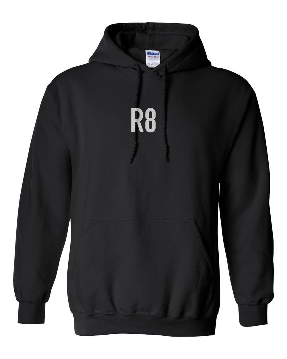 black pull over hoodie front view with small code mark