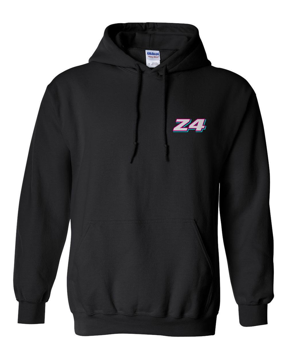 black pull over hoodie front view with car name on pocket