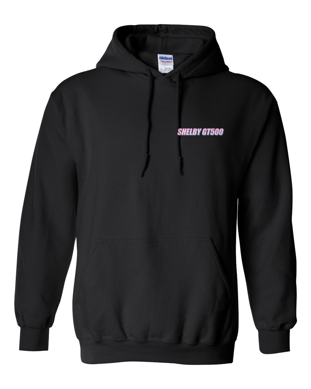 black pull over hoodie front view with car name on pocket