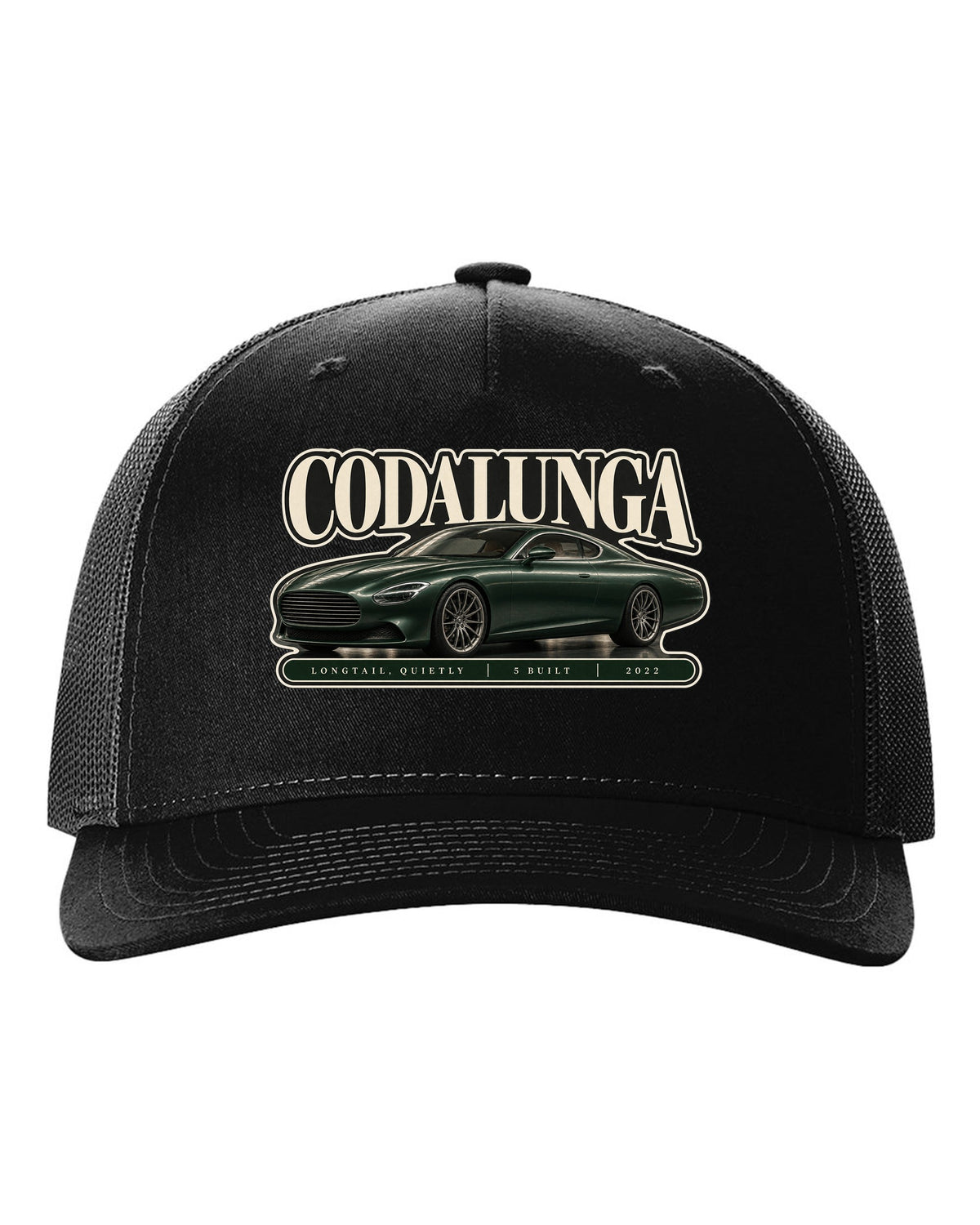 Editorial headline print of the Pagani Huayra Codalunga with the text Codalunga, longtail, quietly, 5 built, 2022 black hat front view with the design