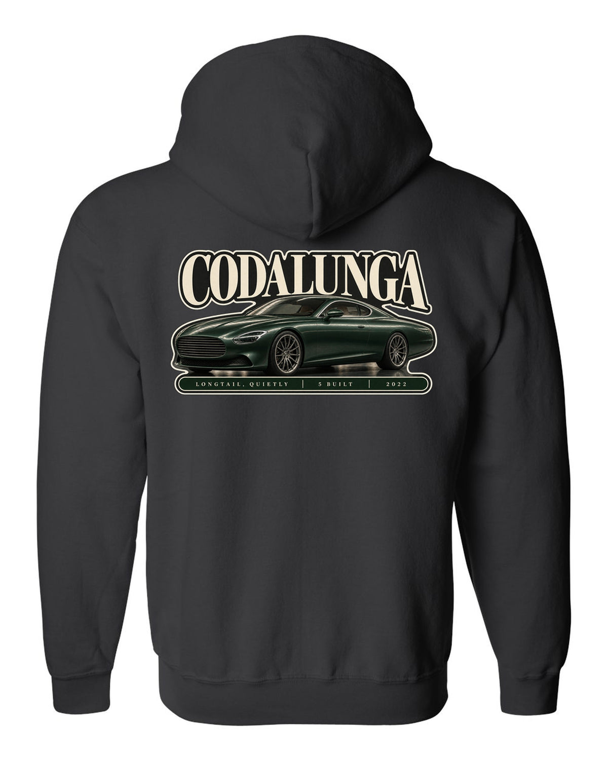Editorial headline print of the Pagani Huayra Codalunga with the text Codalunga, longtail, quietly, 5 built, 2022 black zip hoodie back view with the design