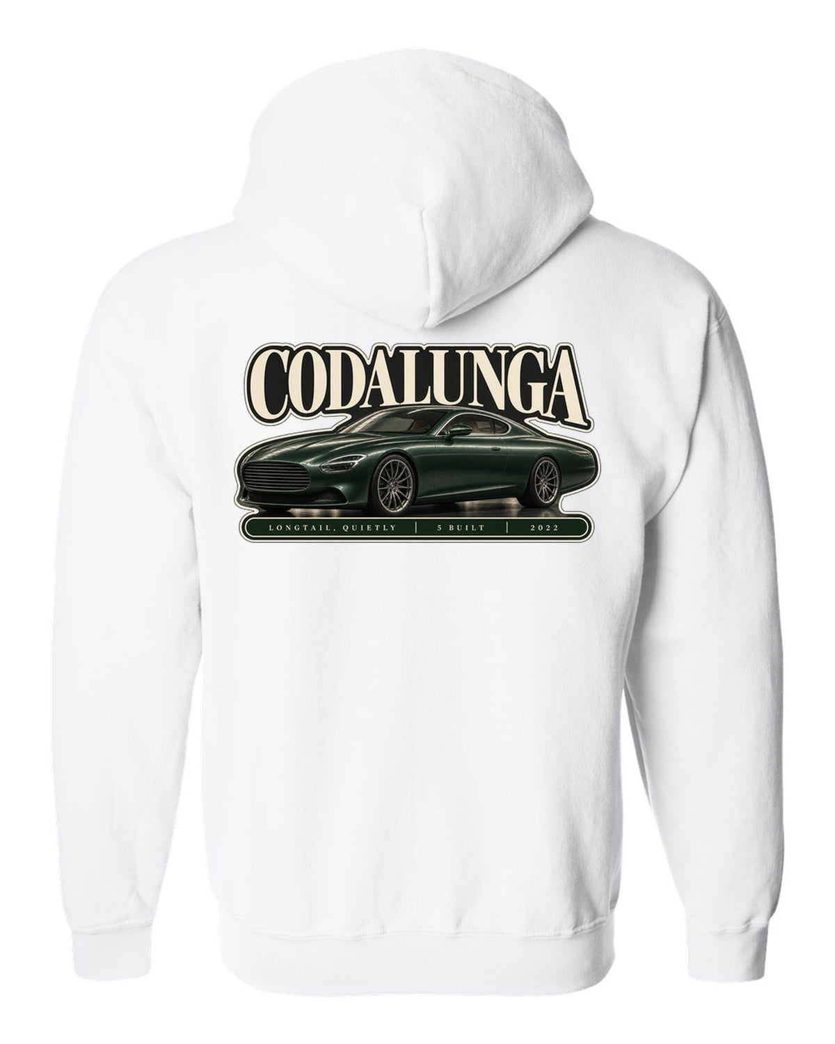 Editorial headline print of the Pagani Huayra Codalunga with the text Codalunga, longtail, quietly, 5 built, 2022 white zip hoodie back view with the design