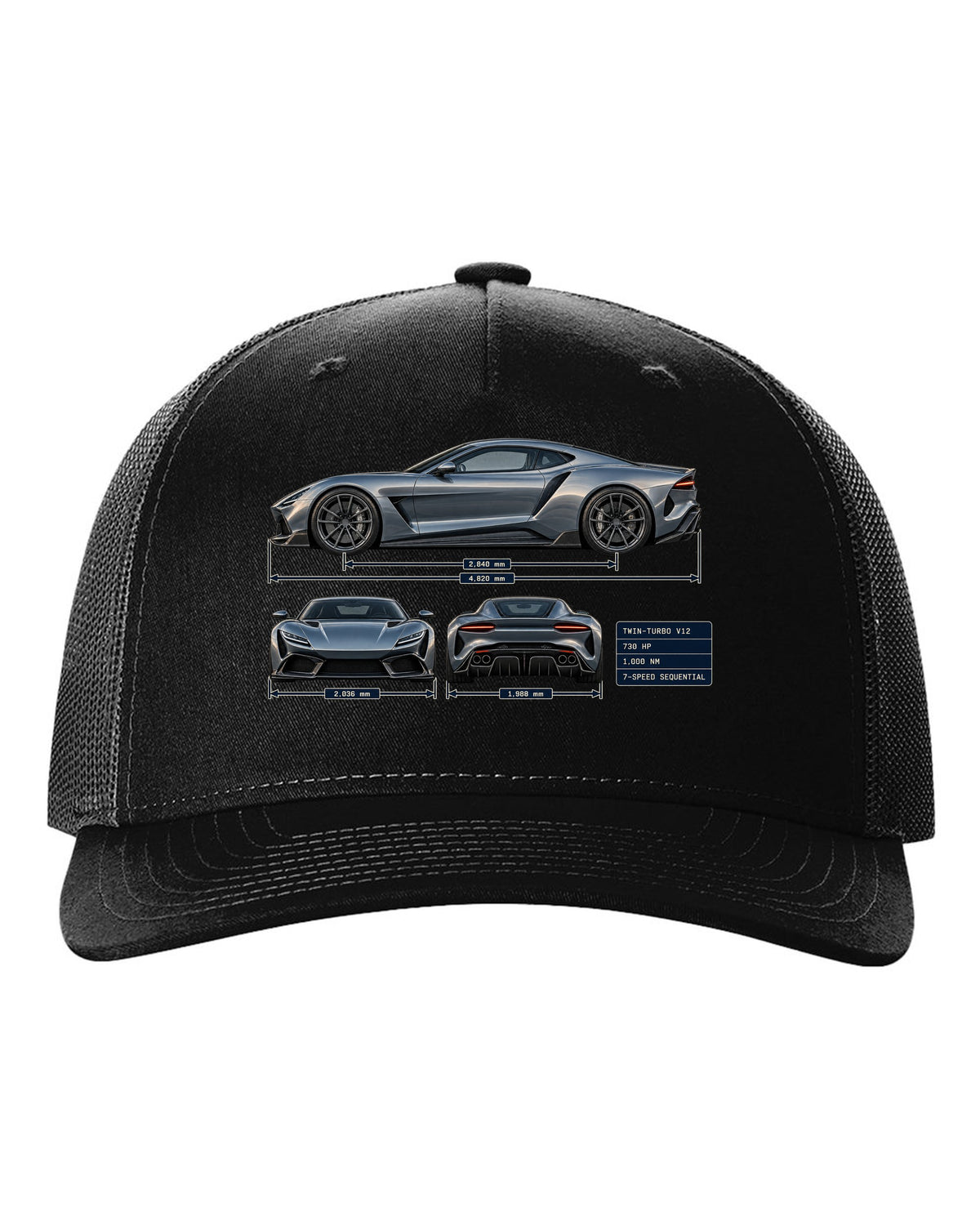 Three-view and spec table print of the Pagani Huayra coupe with 730 hp, 1,000 Nm, seven-speed sequential black hat front view with the design