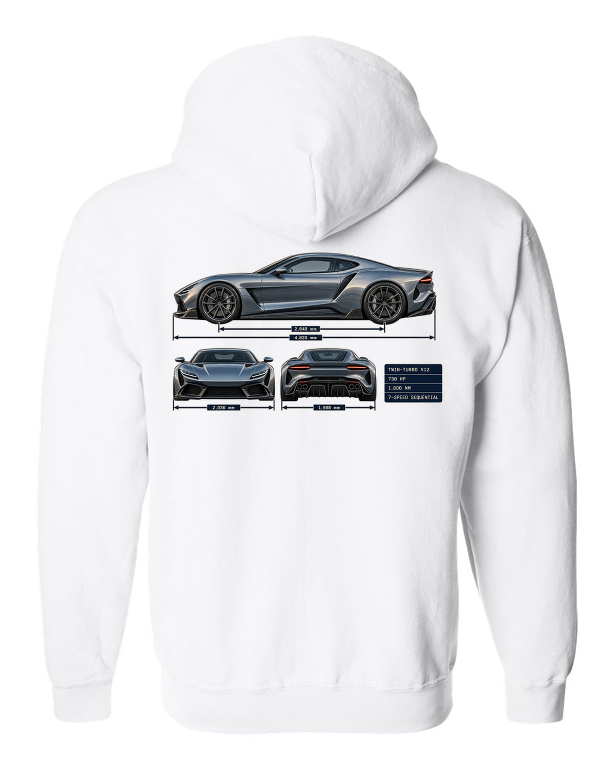 Three-view and spec table print of the Pagani Huayra coupe with 730 hp, 1,000 Nm, seven-speed sequential white zip hoodie back view with the design