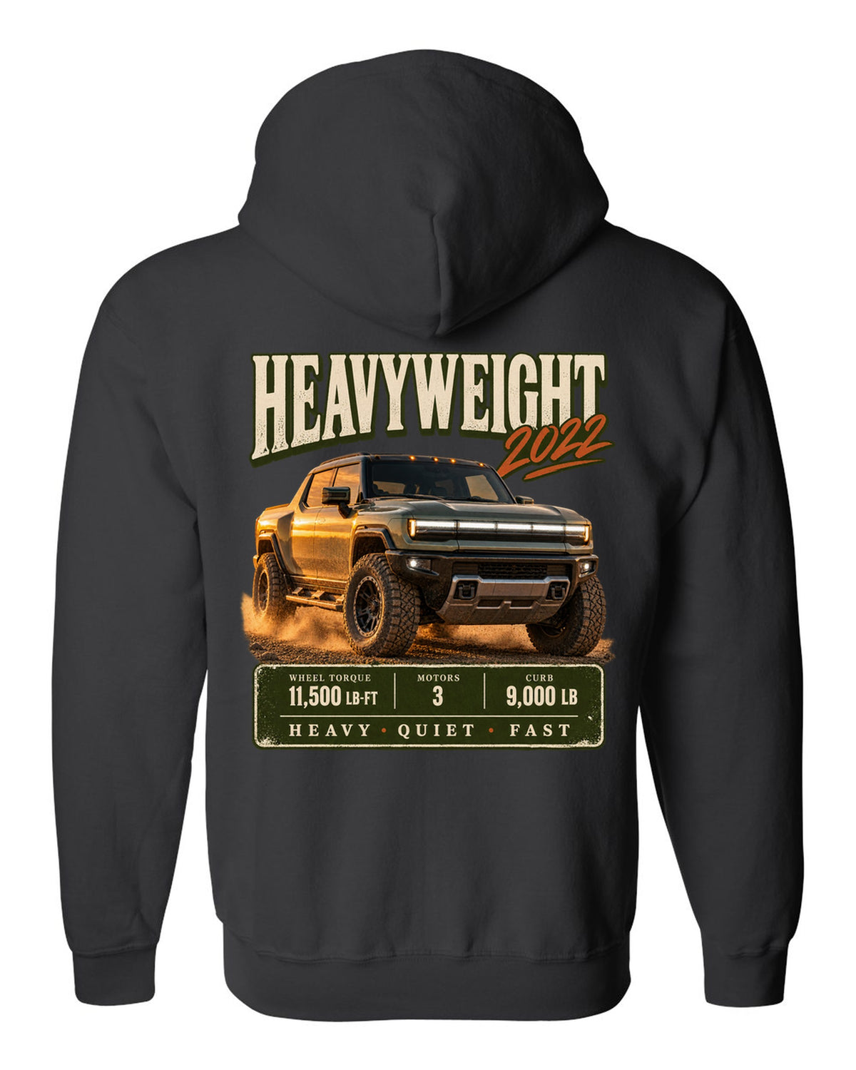 Full colour GMC Hummer EV 2022 three-quarter front archive panel design black zip hoodie back view with the design