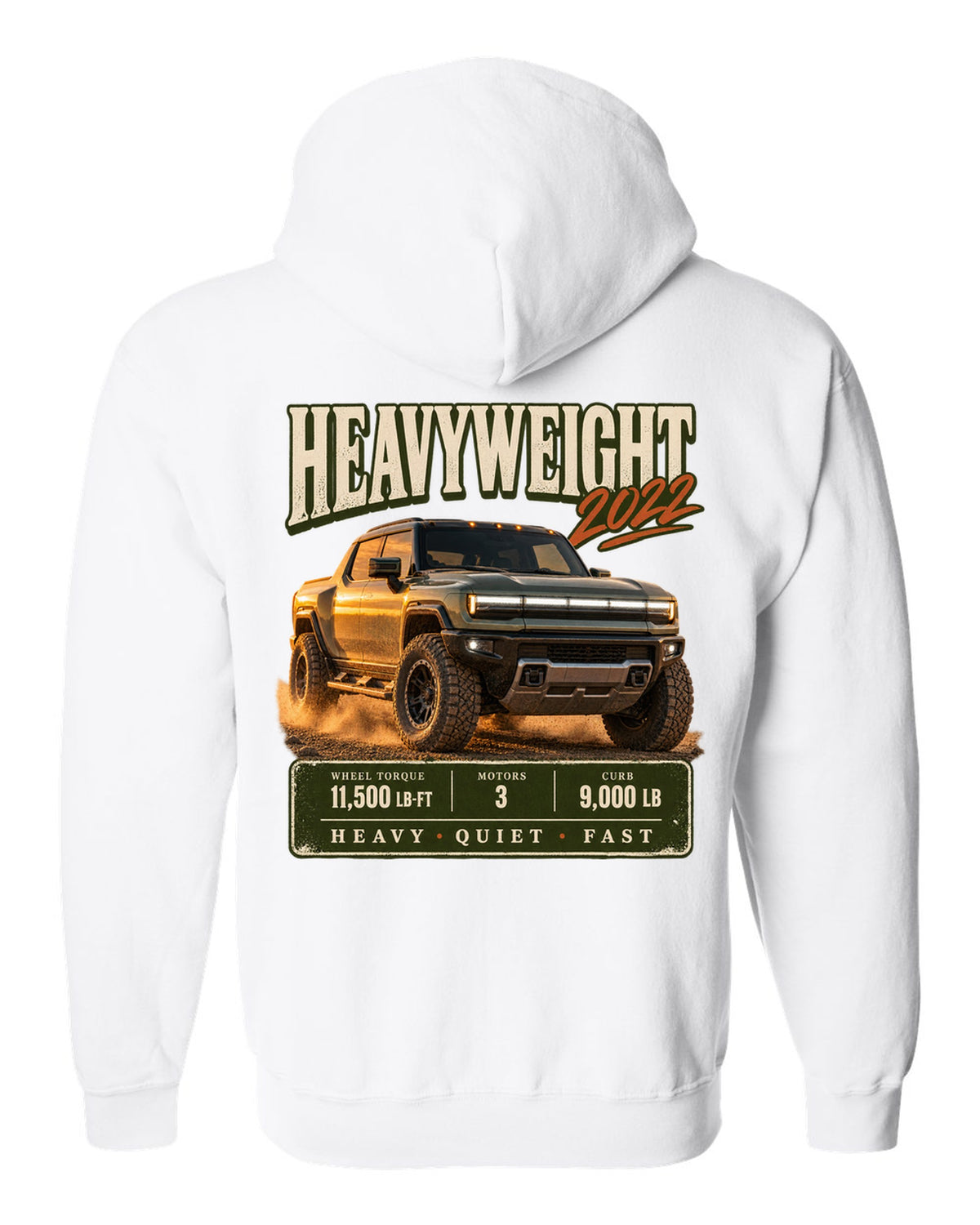Full colour GMC Hummer EV 2022 three-quarter front archive panel design white zip hoodie back view with the design