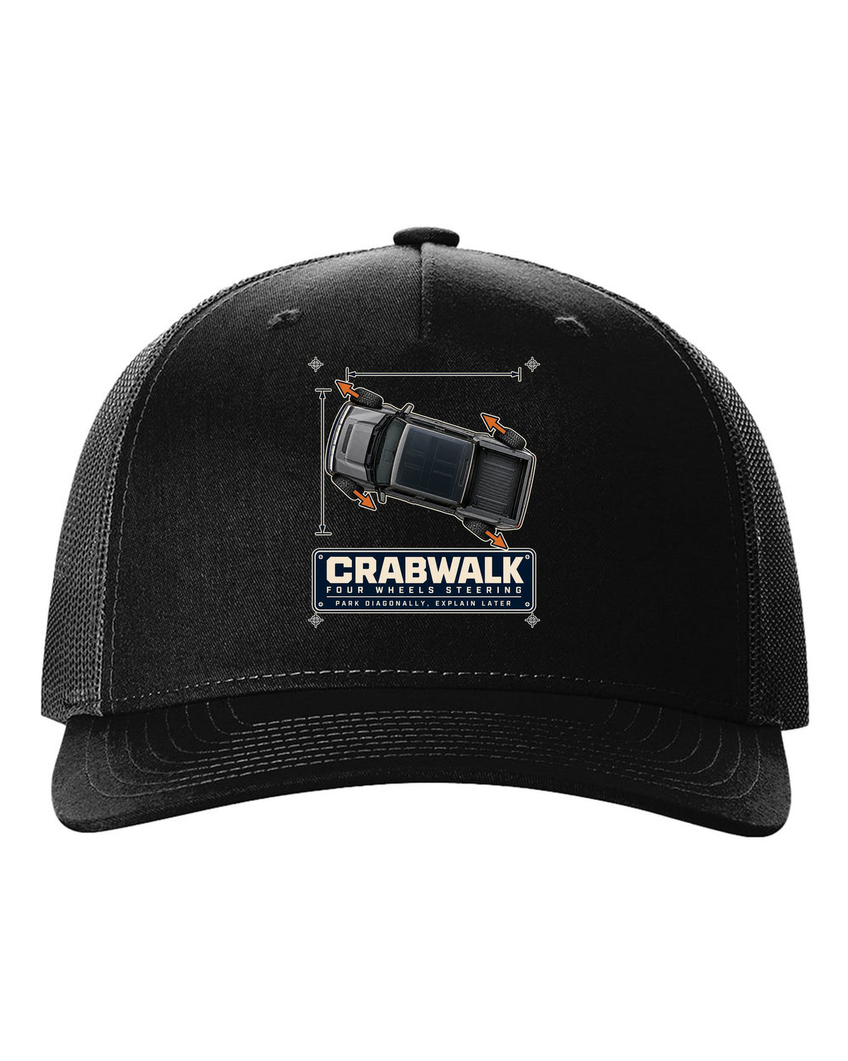 Top-view dimension blueprint print of a Hummer EV pickup showing CrabWalk diagonal steering black hat front view with the design