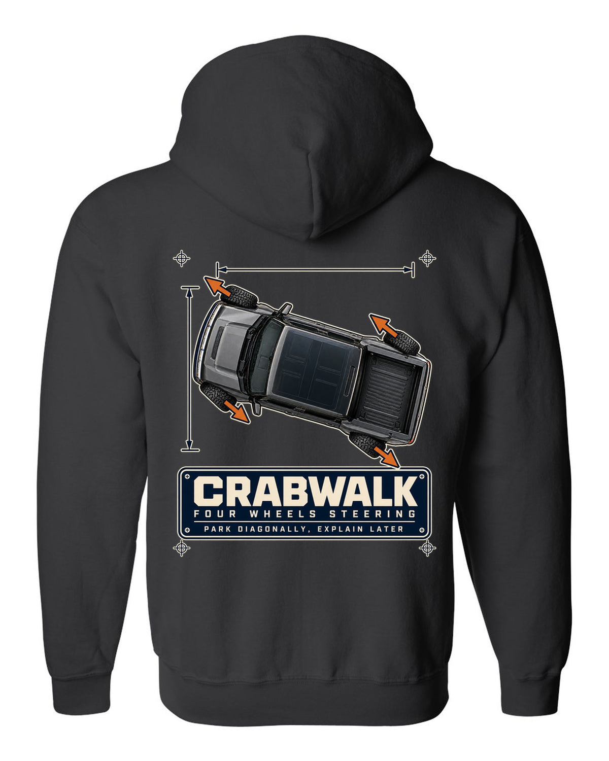 Top-view dimension blueprint print of a Hummer EV pickup showing CrabWalk diagonal steering black zip hoodie back view with the design