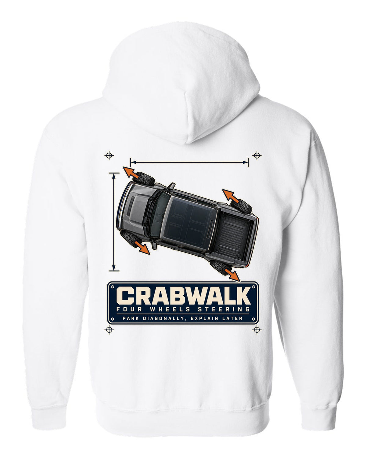Top-view dimension blueprint print of a Hummer EV pickup showing CrabWalk diagonal steering white zip hoodie back view with the design