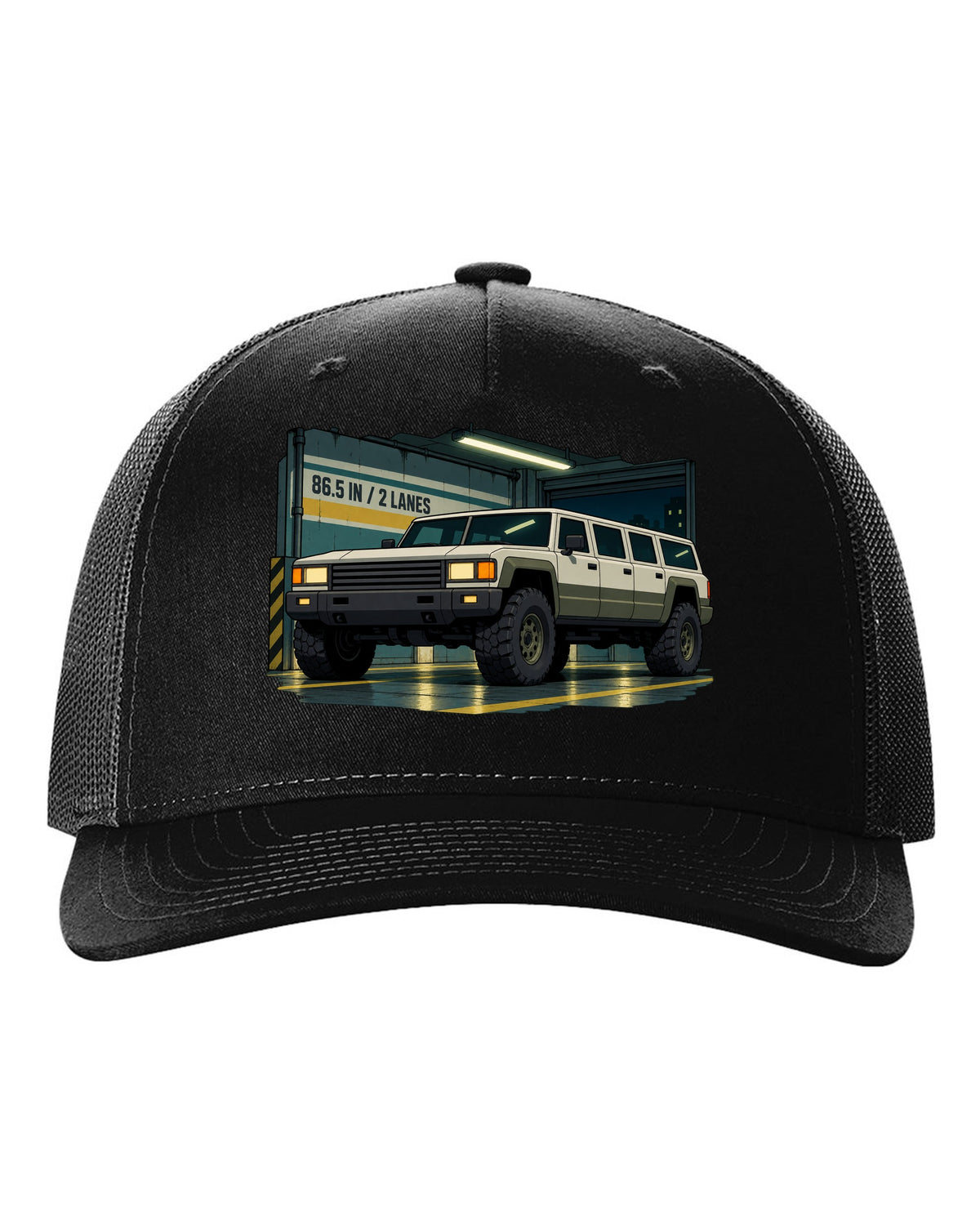 Cel-shaded 90s anime style Hummer H1 in a garage with 86.5 IN and 2 LANES text black hat front view with the design