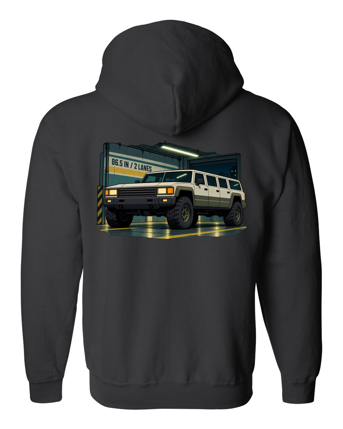 Cel-shaded 90s anime style Hummer H1 in a garage with 86.5 IN and 2 LANES text black zip hoodie back view with the design