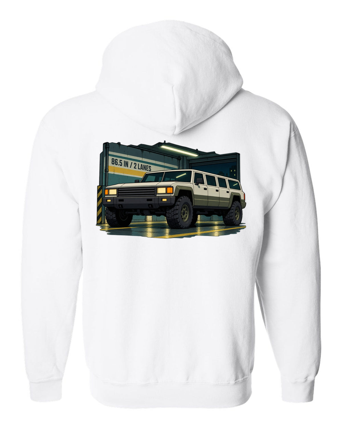 Cel-shaded 90s anime style Hummer H1 in a garage with 86.5 IN and 2 LANES text white zip hoodie back view with the design