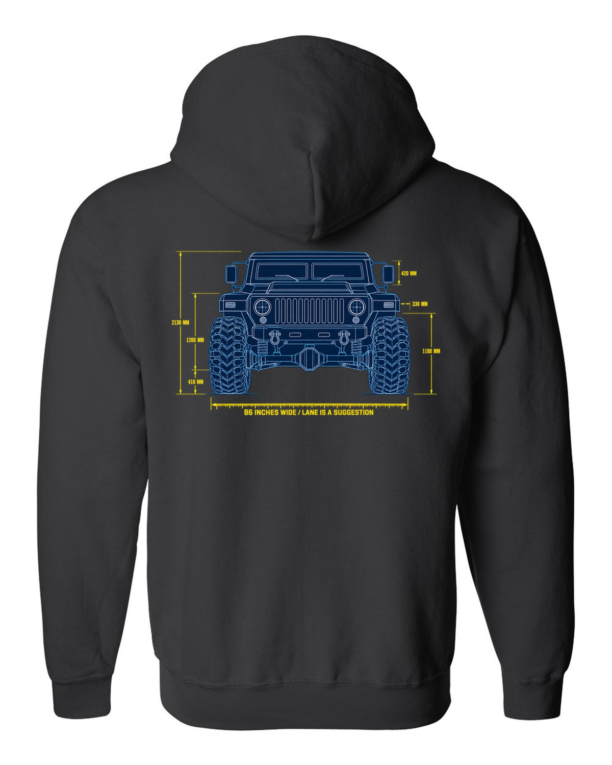 Blueprint patent line art print of the Hummer H1 M998 lineage with 86 inches wide text black zip hoodie back view with the design