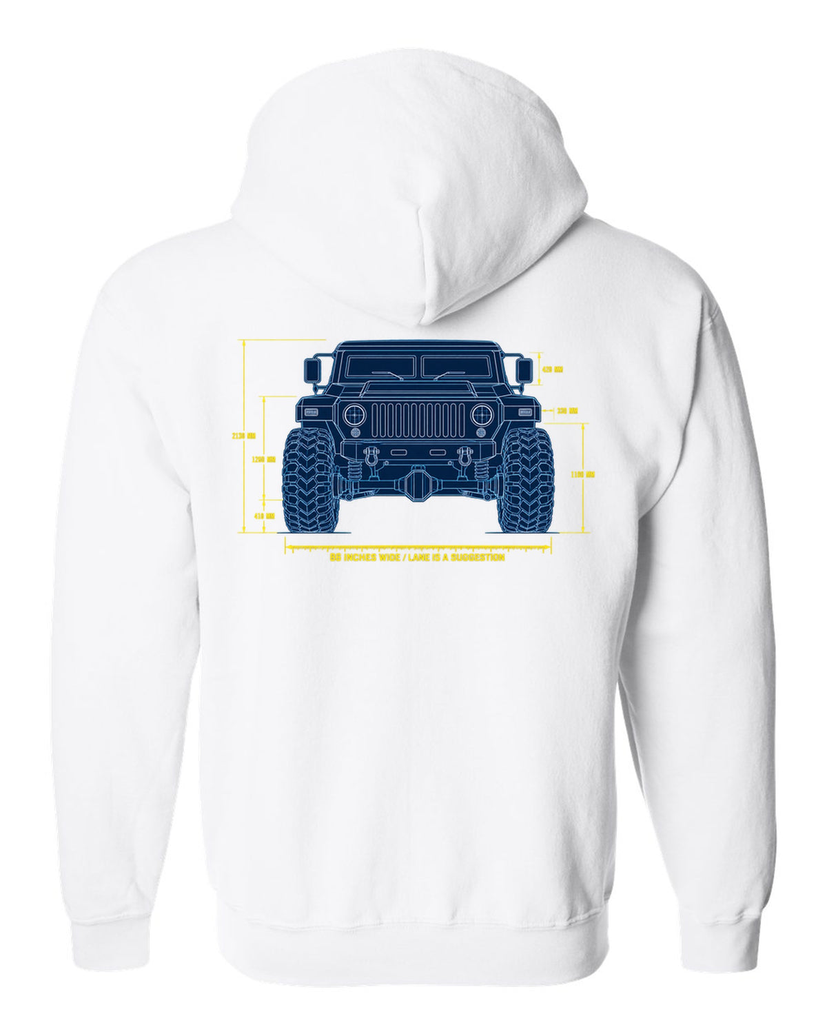 Blueprint patent line art print of the Hummer H1 M998 lineage with 86 inches wide text white zip hoodie back view with the design