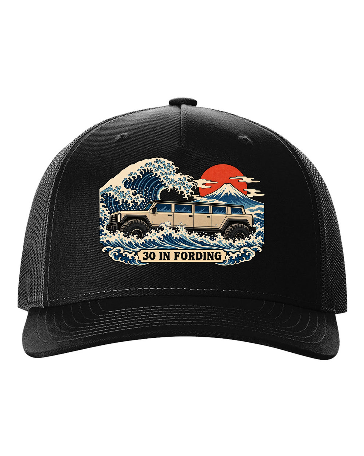 Ukiyo-e woodblock wave print with a 1992-2006 Hummer H1 and 30 IN FORDING text black hat front view with the design