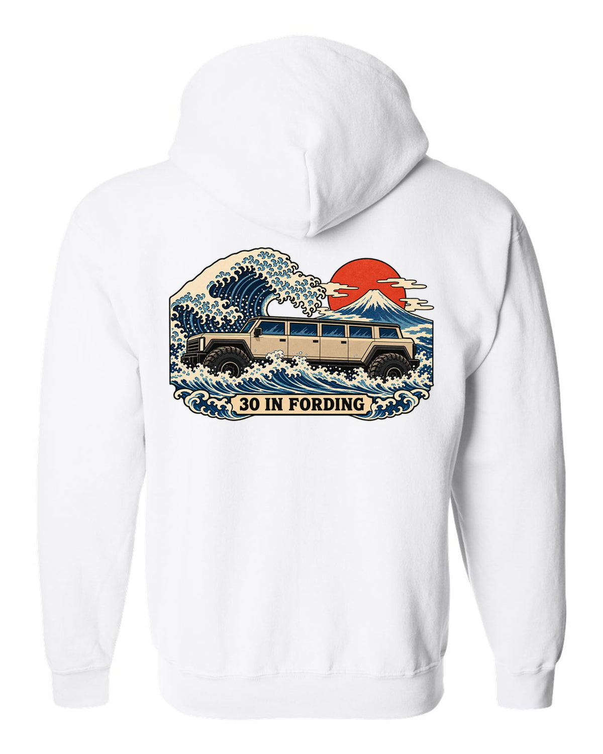 Ukiyo-e woodblock wave print with a 1992-2006 Hummer H1 and 30 IN FORDING text white zip hoodie back view with the design