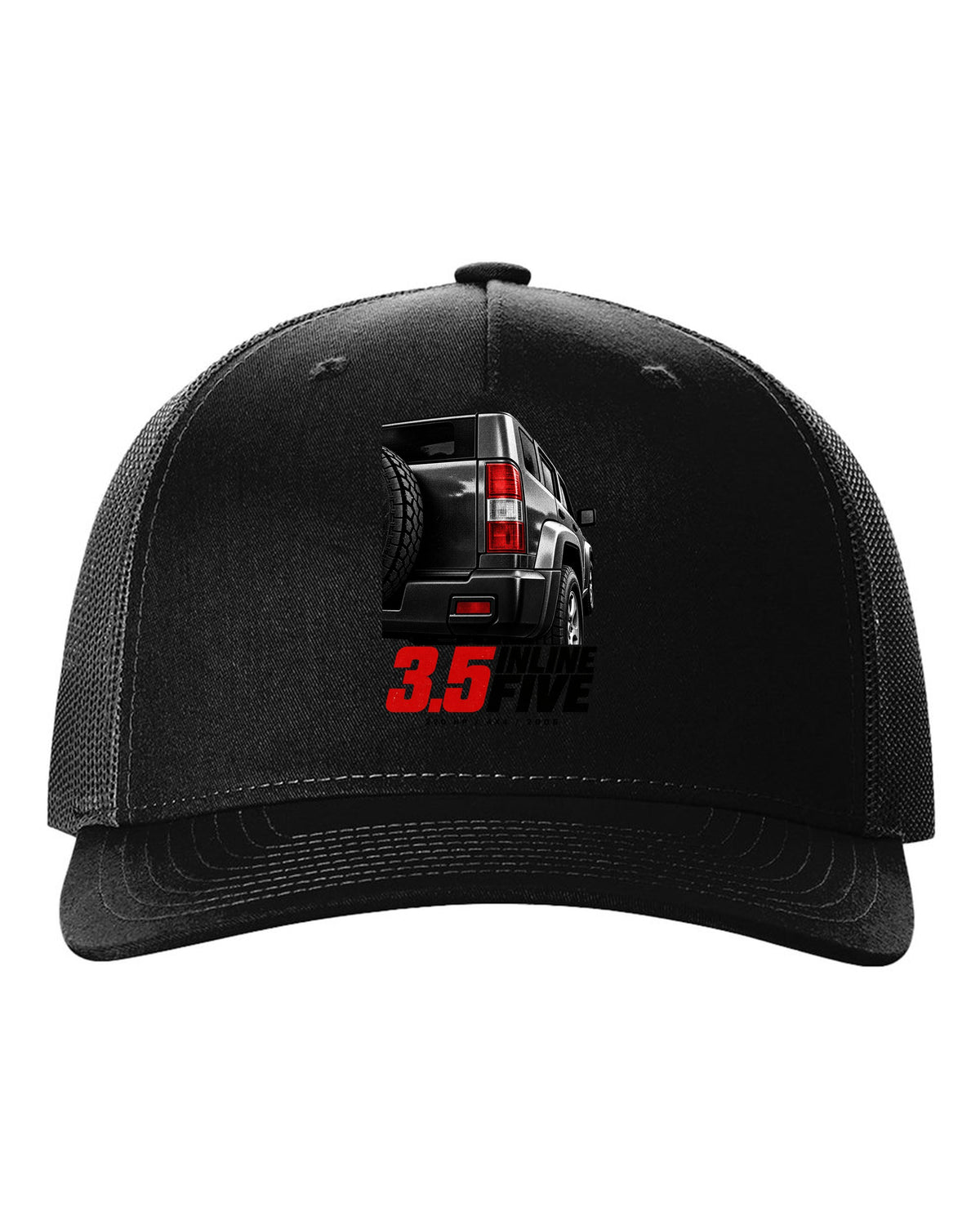 Macro print of a 2006-10 Hummer H3 taillight with engine lettering black hat front view with the design