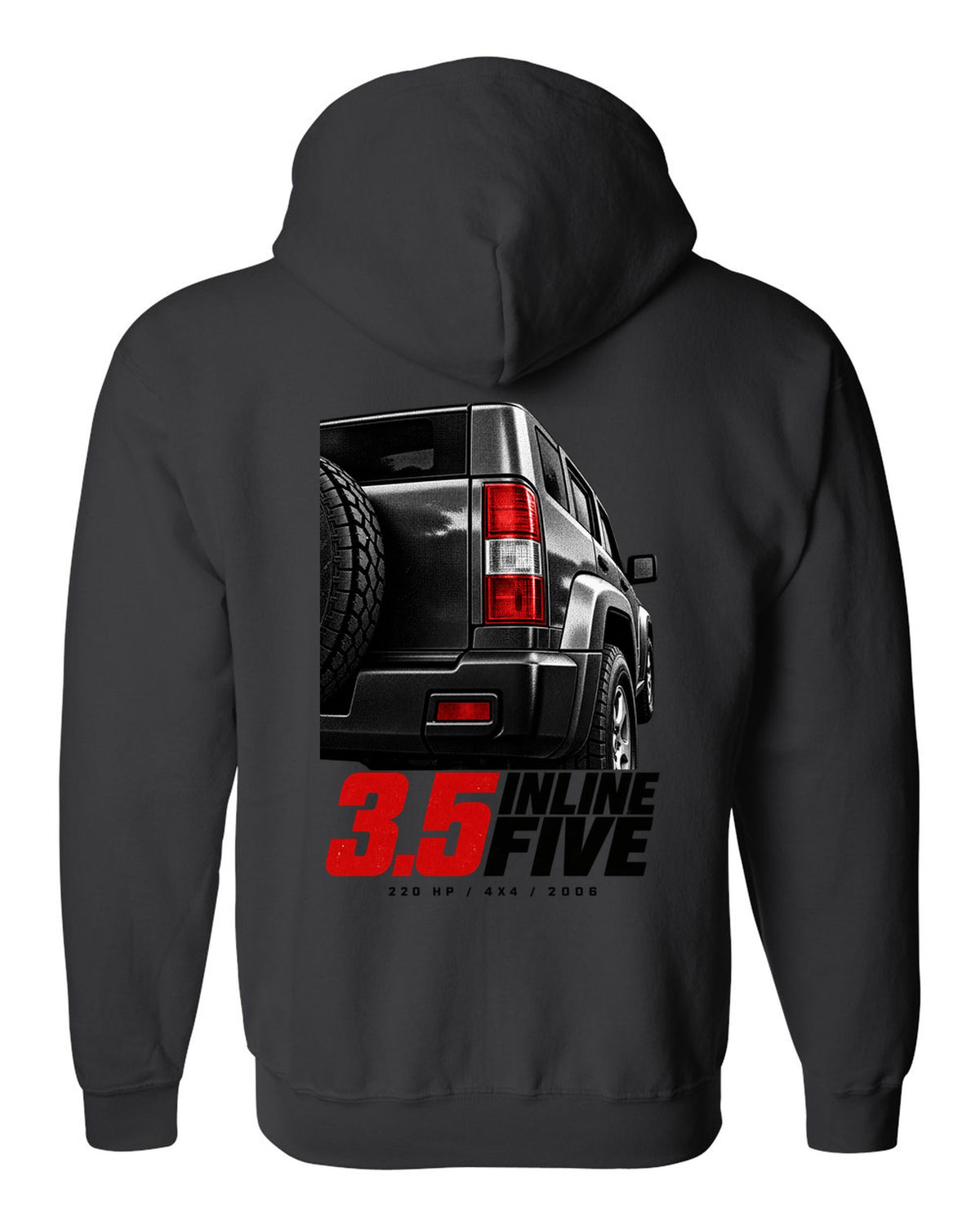 Macro print of a 2006-10 Hummer H3 taillight with engine lettering black zip hoodie back view with the design